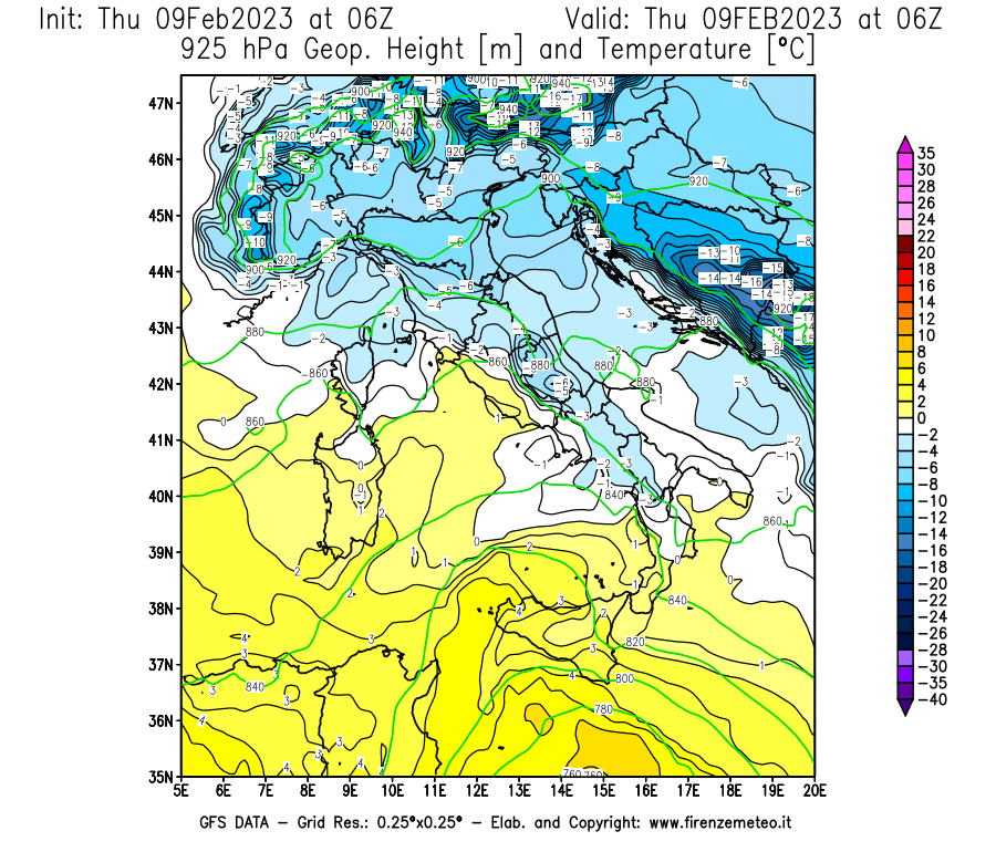 Mappa di analisi GFS - Geopotenziale [m] e Temperatura [°C] a 925 hPa in Italia
							del 09/02/2023 06 <!--googleoff: index-->UTC<!--googleon: index-->