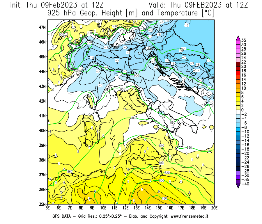 Mappa di analisi GFS - Geopotenziale [m] e Temperatura [°C] a 925 hPa in Italia
							del 09/02/2023 12 <!--googleoff: index-->UTC<!--googleon: index-->