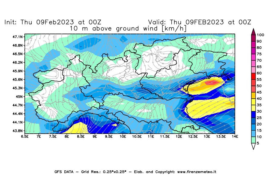 Mappa di analisi GFS - Velocità del vento a 10 metri dal suolo [km/h] in Nord-Italia
							del 09/02/2023 00 <!--googleoff: index-->UTC<!--googleon: index-->