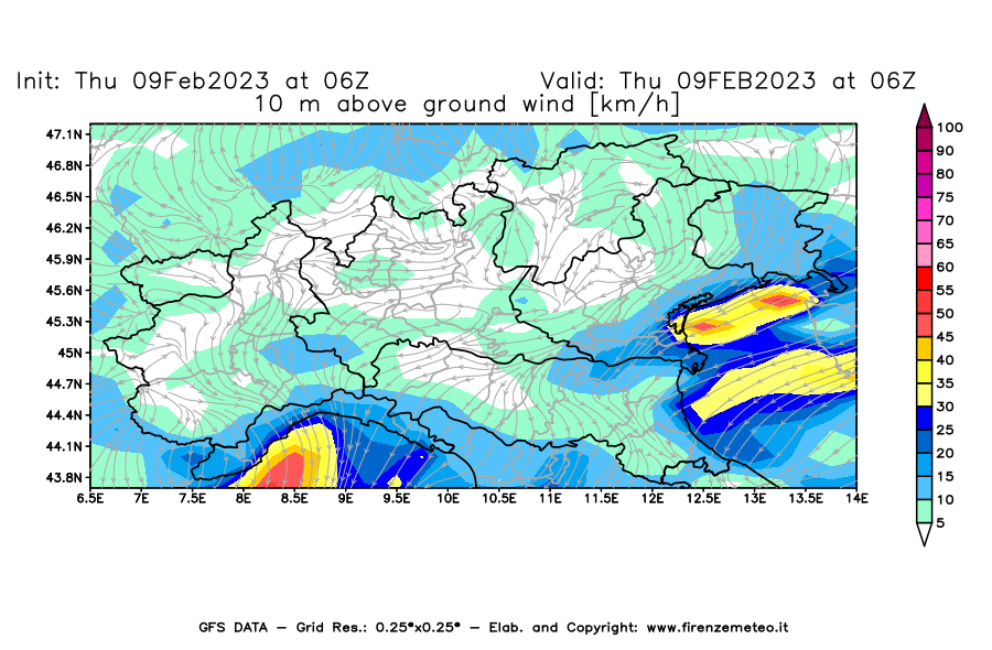 Mappa di analisi GFS - Velocità del vento a 10 metri dal suolo [km/h] in Nord-Italia
							del 09/02/2023 06 <!--googleoff: index-->UTC<!--googleon: index-->