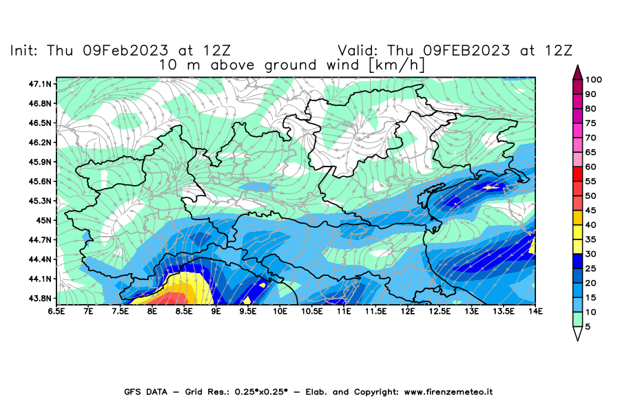 Mappa di analisi GFS - Velocità del vento a 10 metri dal suolo [km/h] in Nord-Italia
							del 09/02/2023 12 <!--googleoff: index-->UTC<!--googleon: index-->