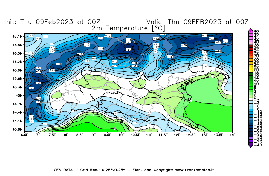 Mappa di analisi GFS - Temperatura a 2 metri dal suolo [°C] in Nord-Italia
							del 09/02/2023 00 <!--googleoff: index-->UTC<!--googleon: index-->