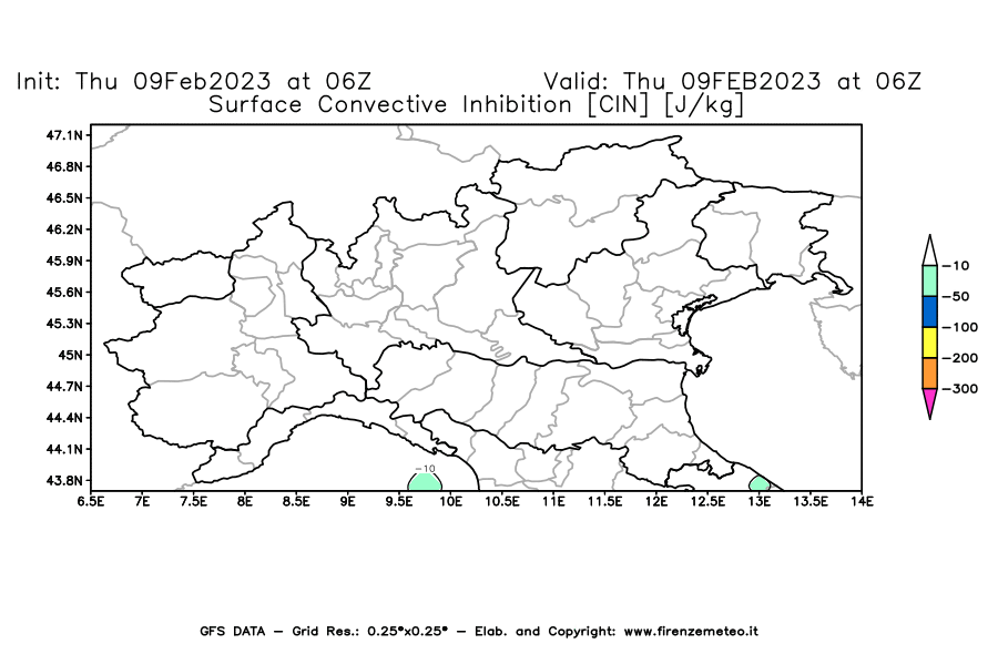 Mappa di analisi GFS - CIN [J/kg] in Nord-Italia
							del 09/02/2023 06 <!--googleoff: index-->UTC<!--googleon: index-->