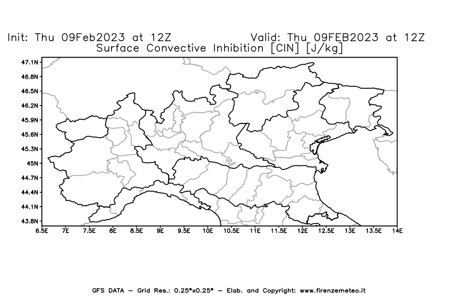 Mappa di analisi GFS - CIN [J/kg] in Nord-Italia
							del 09/02/2023 12 <!--googleoff: index-->UTC<!--googleon: index-->