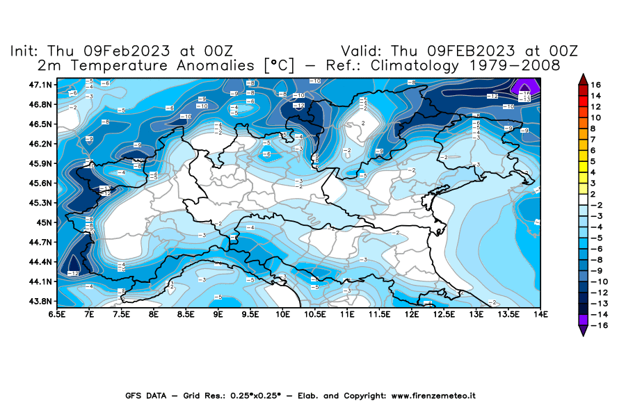 Mappa di analisi GFS - Anomalia Temperatura [°C] a 2 m in Nord-Italia
							del 09/02/2023 00 <!--googleoff: index-->UTC<!--googleon: index-->