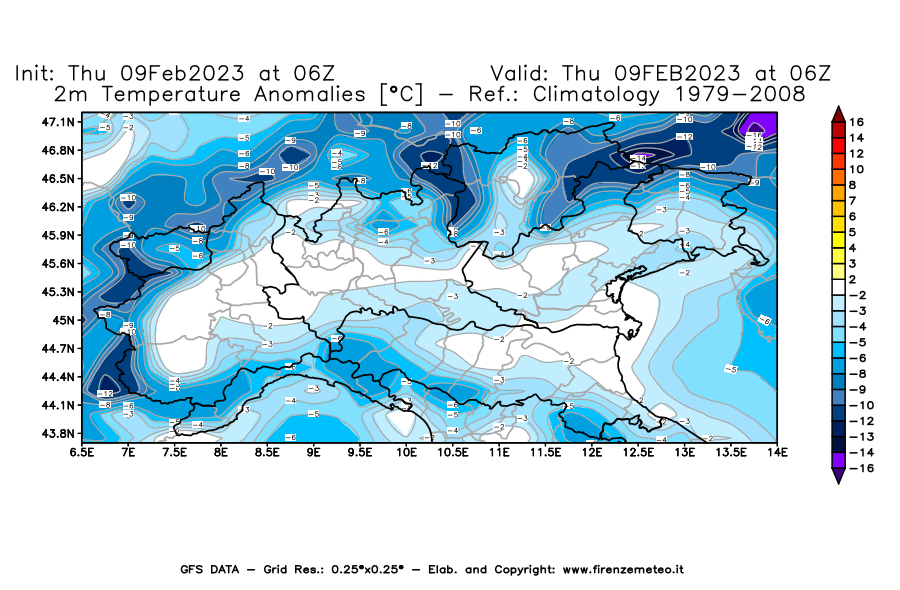 Mappa di analisi GFS - Anomalia Temperatura [°C] a 2 m in Nord-Italia
							del 09/02/2023 06 <!--googleoff: index-->UTC<!--googleon: index-->