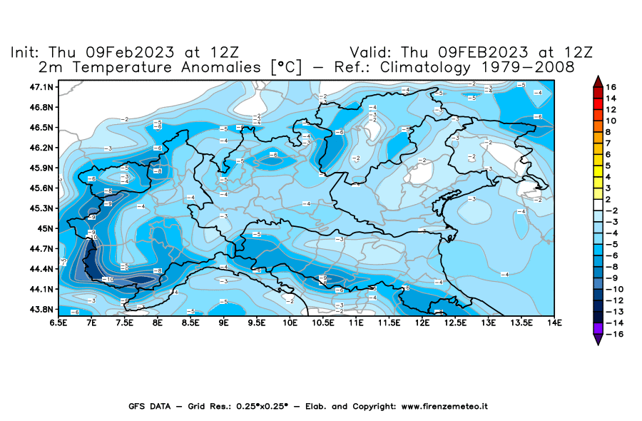 Mappa di analisi GFS - Anomalia Temperatura [°C] a 2 m in Nord-Italia
							del 09/02/2023 12 <!--googleoff: index-->UTC<!--googleon: index-->
