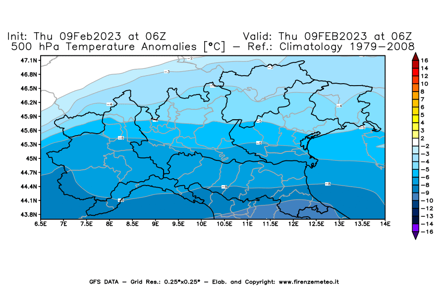 Mappa di analisi GFS - Anomalia Temperatura [°C] a 500 hPa in Nord-Italia
							del 09/02/2023 06 <!--googleoff: index-->UTC<!--googleon: index-->