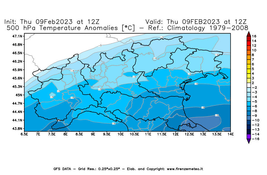 Mappa di analisi GFS - Anomalia Temperatura [°C] a 500 hPa in Nord-Italia
							del 09/02/2023 12 <!--googleoff: index-->UTC<!--googleon: index-->