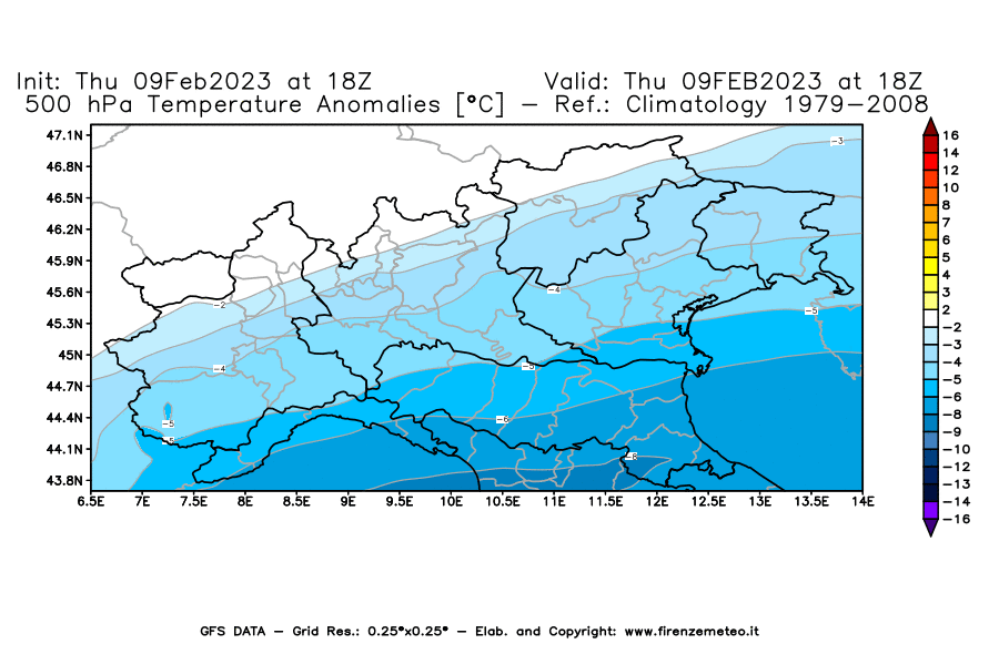 Mappa di analisi GFS - Anomalia Temperatura [°C] a 500 hPa in Nord-Italia
							del 09/02/2023 18 <!--googleoff: index-->UTC<!--googleon: index-->