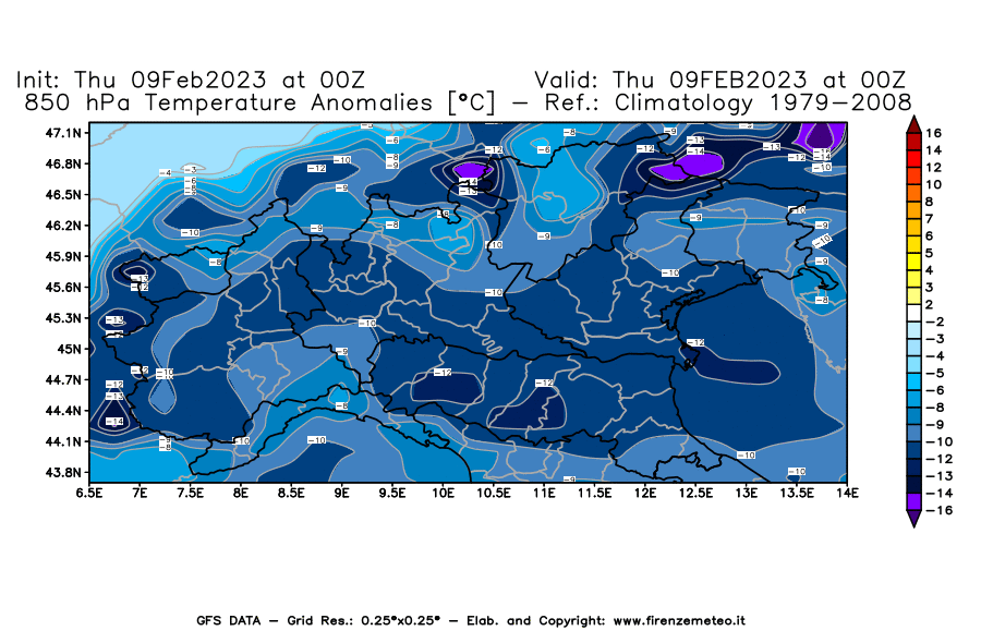 Mappa di analisi GFS - Anomalia Temperatura [°C] a 850 hPa in Nord-Italia
							del 09/02/2023 00 <!--googleoff: index-->UTC<!--googleon: index-->