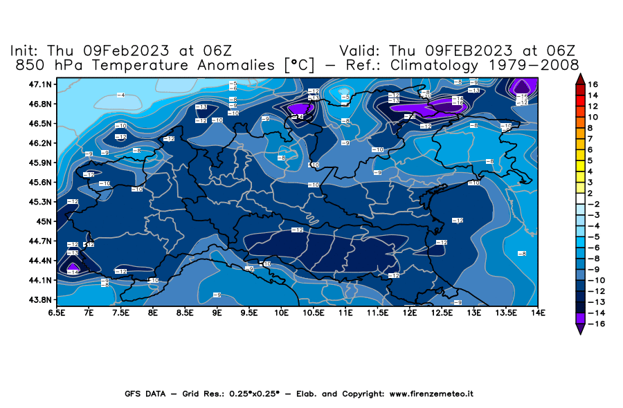 Mappa di analisi GFS - Anomalia Temperatura [°C] a 850 hPa in Nord-Italia
							del 09/02/2023 06 <!--googleoff: index-->UTC<!--googleon: index-->