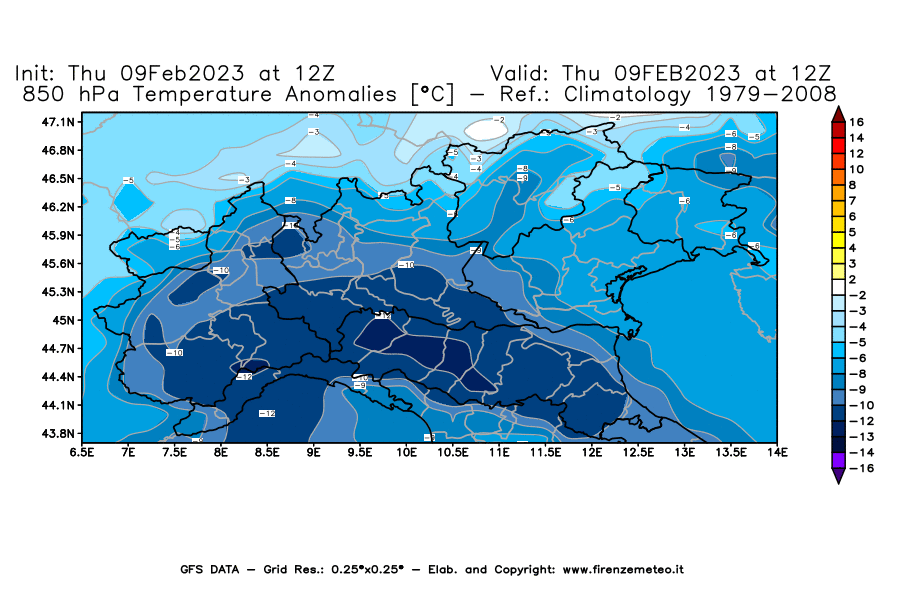 Mappa di analisi GFS - Anomalia Temperatura [°C] a 850 hPa in Nord-Italia
							del 09/02/2023 12 <!--googleoff: index-->UTC<!--googleon: index-->