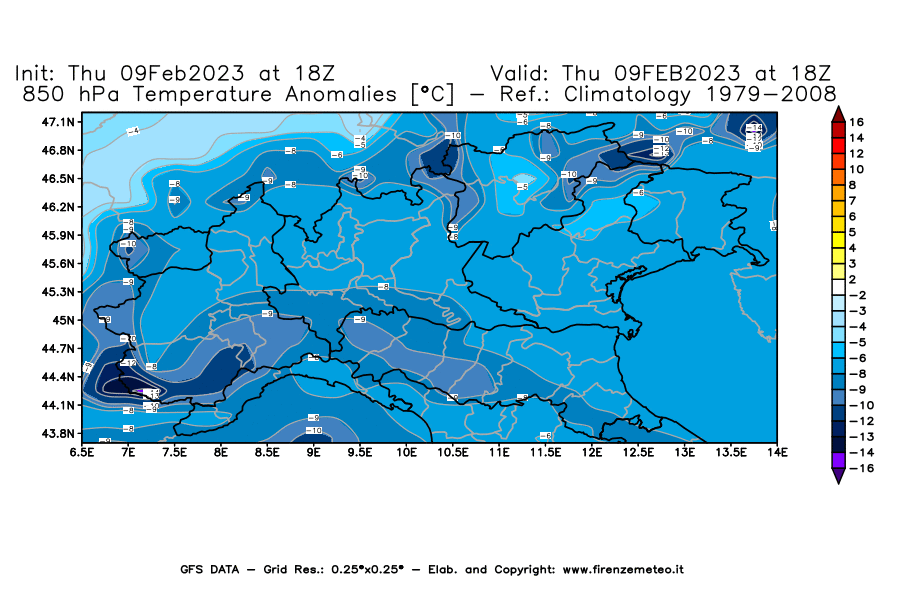 Mappa di analisi GFS - Anomalia Temperatura [°C] a 850 hPa in Nord-Italia
							del 09/02/2023 18 <!--googleoff: index-->UTC<!--googleon: index-->