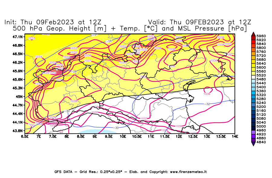 Mappa di analisi GFS - Geopotenziale [m] + Temp. [°C] a 500 hPa + Press. a livello del mare [hPa] in Nord-Italia
							del 09/02/2023 12 <!--googleoff: index-->UTC<!--googleon: index-->
