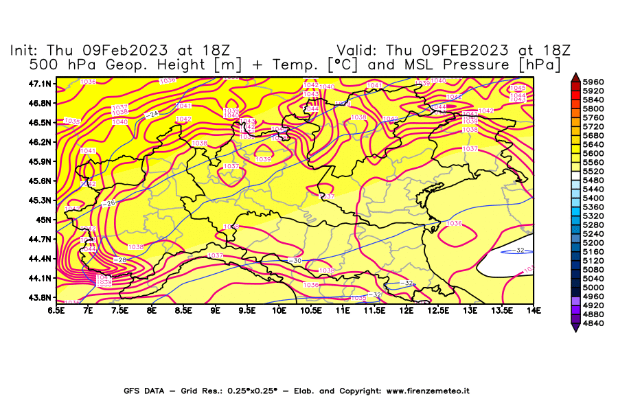 Mappa di analisi GFS - Geopotenziale [m] + Temp. [°C] a 500 hPa + Press. a livello del mare [hPa] in Nord-Italia
							del 09/02/2023 18 <!--googleoff: index-->UTC<!--googleon: index-->