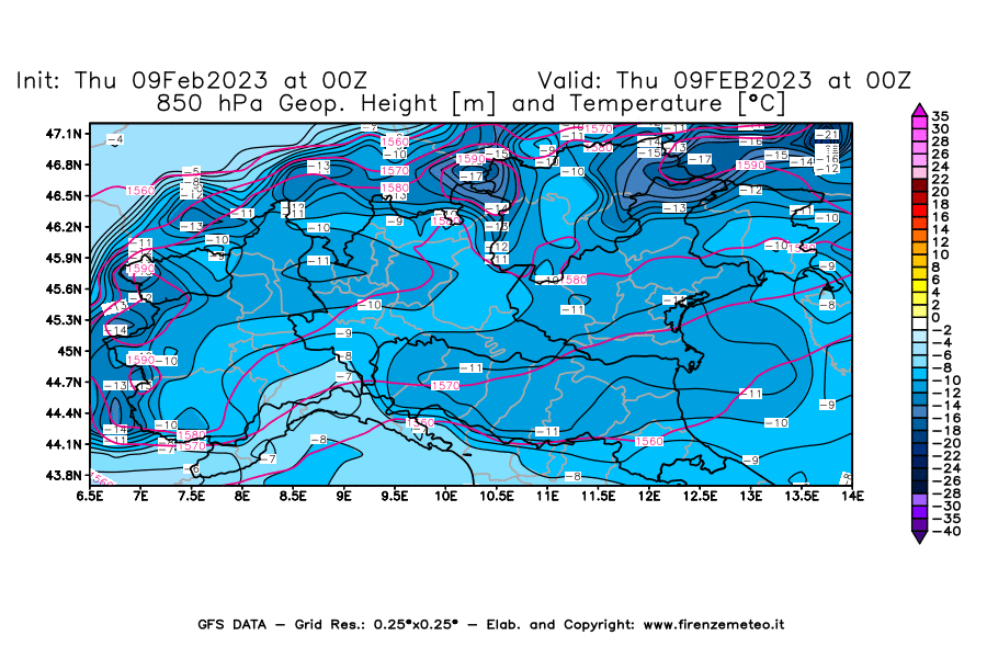 Mappa di analisi GFS - Geopotenziale [m] e Temperatura [°C] a 850 hPa in Nord-Italia
							del 09/02/2023 00 <!--googleoff: index-->UTC<!--googleon: index-->
