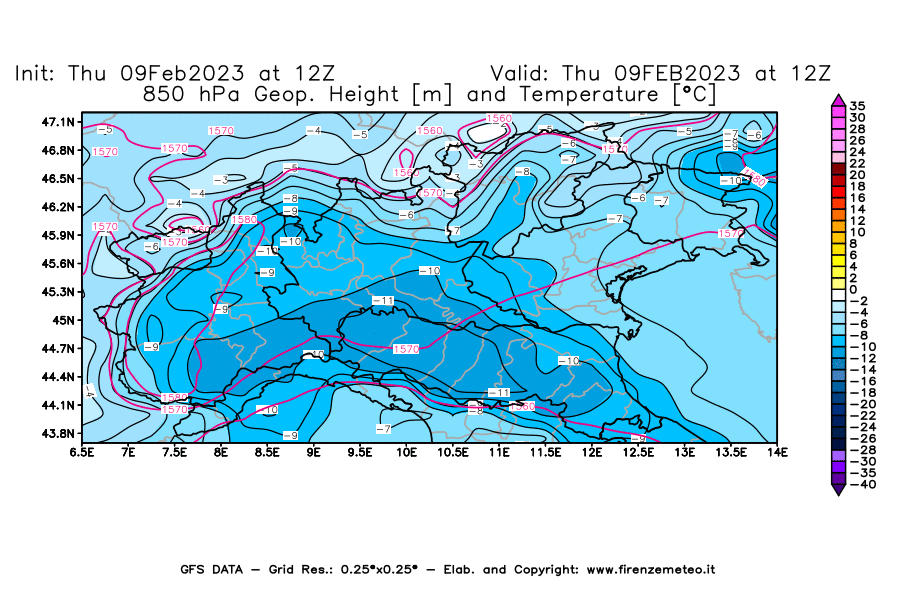 Mappa di analisi GFS - Geopotenziale [m] e Temperatura [°C] a 850 hPa in Nord-Italia
							del 09/02/2023 12 <!--googleoff: index-->UTC<!--googleon: index-->