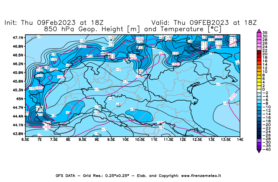 Mappa di analisi GFS - Geopotenziale [m] e Temperatura [°C] a 850 hPa in Nord-Italia
							del 09/02/2023 18 <!--googleoff: index-->UTC<!--googleon: index-->