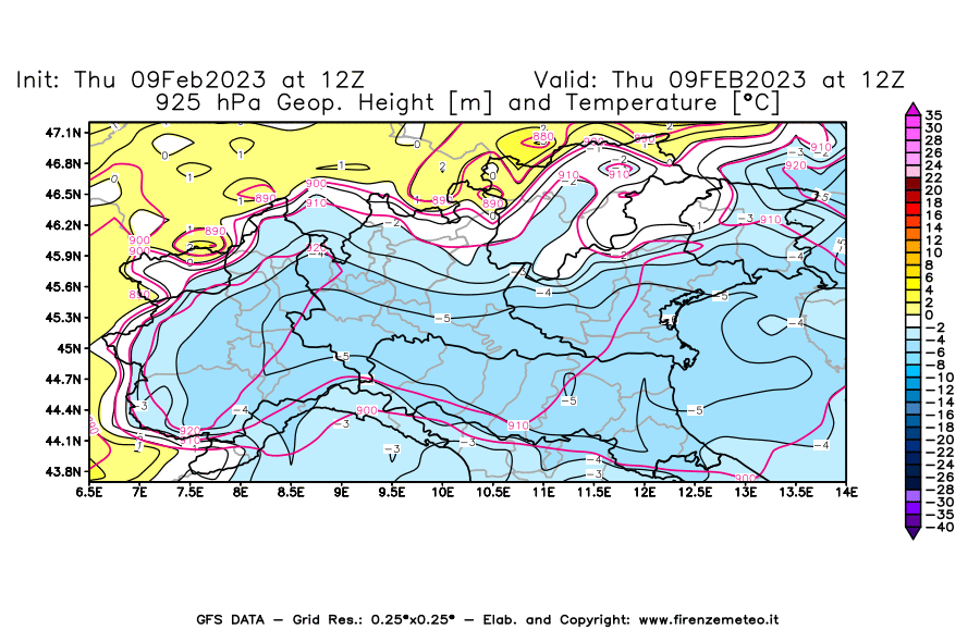 Mappa di analisi GFS - Geopotenziale [m] e Temperatura [°C] a 925 hPa in Nord-Italia
							del 09/02/2023 12 <!--googleoff: index-->UTC<!--googleon: index-->
