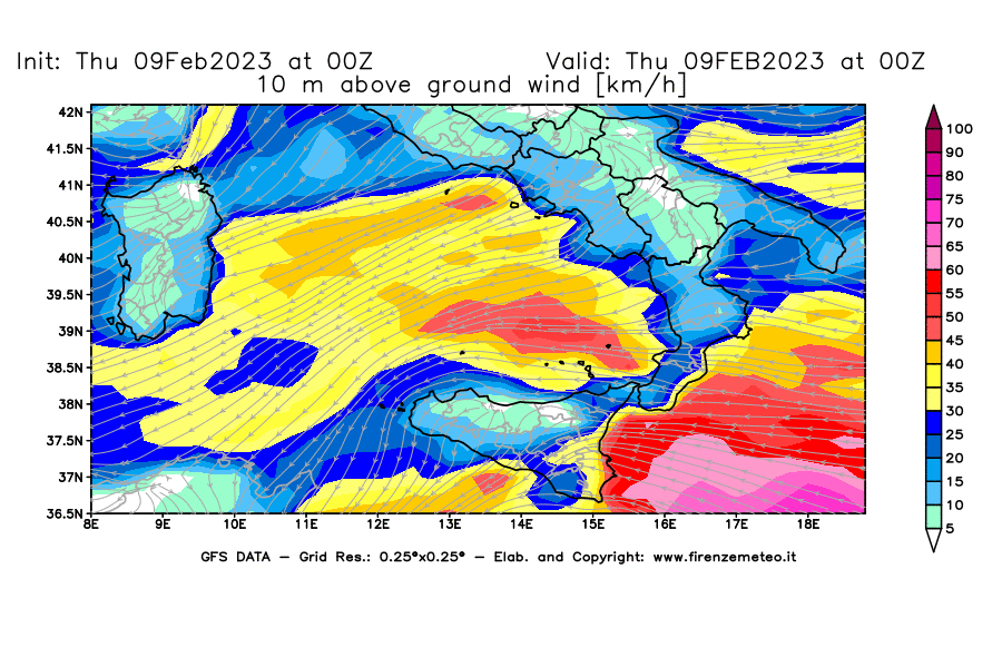 Mappa di analisi GFS - Velocità del vento a 10 metri dal suolo [km/h] in Sud-Italia
							del 09/02/2023 00 <!--googleoff: index-->UTC<!--googleon: index-->