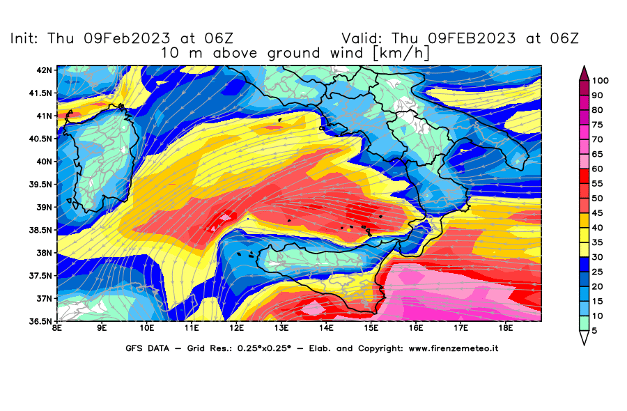 Mappa di analisi GFS - Velocità del vento a 10 metri dal suolo [km/h] in Sud-Italia
							del 09/02/2023 06 <!--googleoff: index-->UTC<!--googleon: index-->