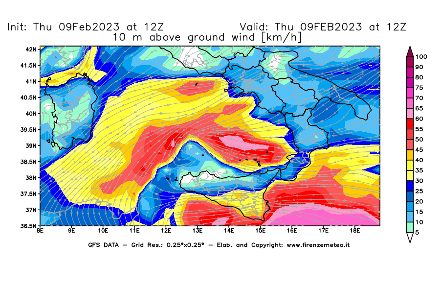 Mappa di analisi GFS - Velocità del vento a 10 metri dal suolo [km/h] in Sud-Italia
							del 09/02/2023 12 <!--googleoff: index-->UTC<!--googleon: index-->