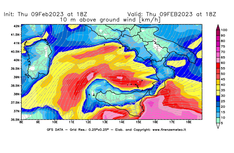 Mappa di analisi GFS - Velocità del vento a 10 metri dal suolo [km/h] in Sud-Italia
							del 09/02/2023 18 <!--googleoff: index-->UTC<!--googleon: index-->
