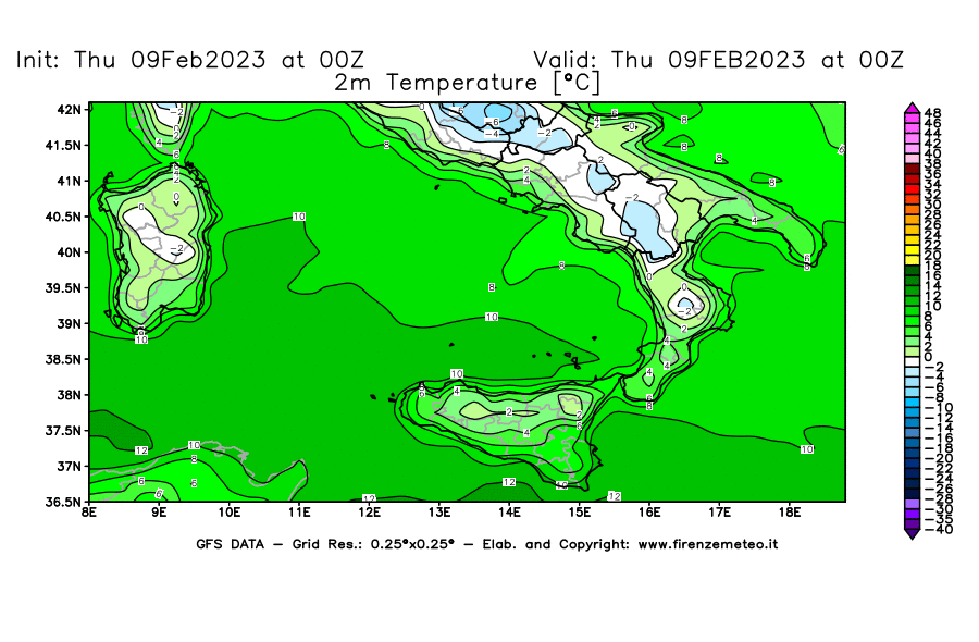 Mappa di analisi GFS - Temperatura a 2 metri dal suolo [°C] in Sud-Italia
							del 09/02/2023 00 <!--googleoff: index-->UTC<!--googleon: index-->