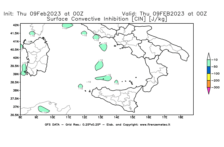 Mappa di analisi GFS - CIN [J/kg] in Sud-Italia
							del 09/02/2023 00 <!--googleoff: index-->UTC<!--googleon: index-->