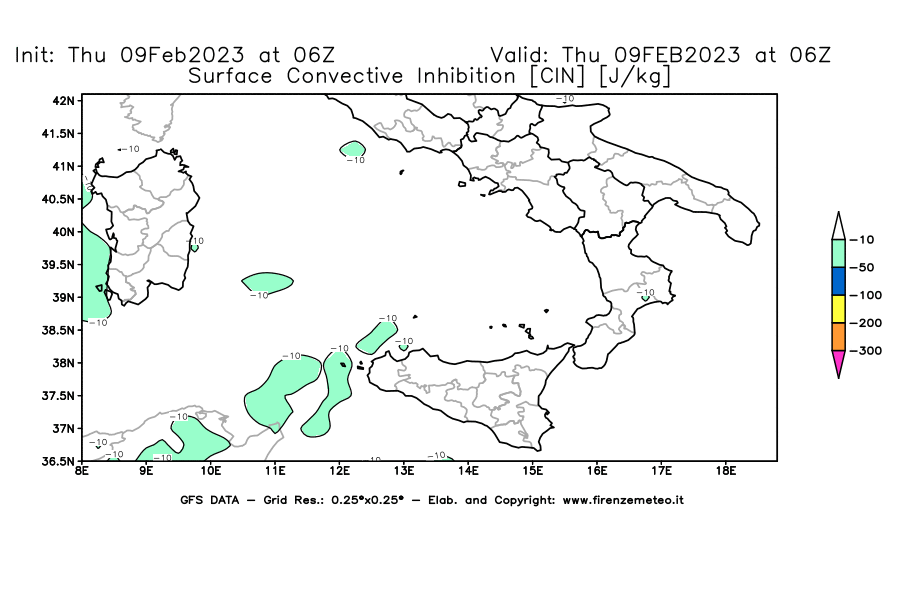 Mappa di analisi GFS - CIN [J/kg] in Sud-Italia
							del 09/02/2023 06 <!--googleoff: index-->UTC<!--googleon: index-->