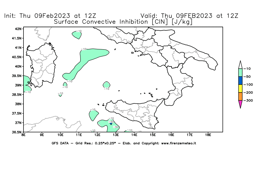 Mappa di analisi GFS - CIN [J/kg] in Sud-Italia
							del 09/02/2023 12 <!--googleoff: index-->UTC<!--googleon: index-->
