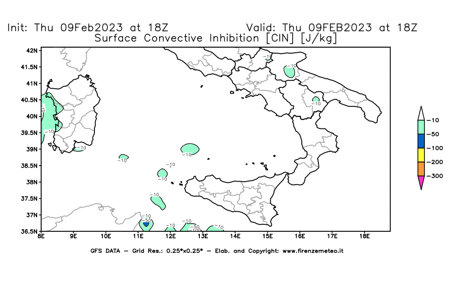 Mappa di analisi GFS - CIN [J/kg] in Sud-Italia
							del 09/02/2023 18 <!--googleoff: index-->UTC<!--googleon: index-->