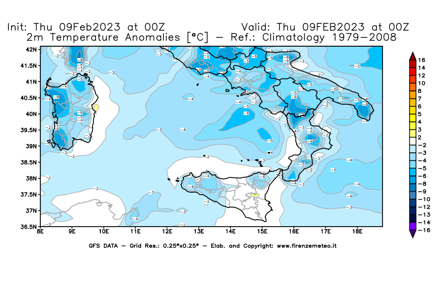 Mappa di analisi GFS - Anomalia Temperatura [°C] a 2 m in Sud-Italia
							del 09/02/2023 00 <!--googleoff: index-->UTC<!--googleon: index-->