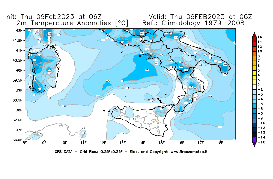 Mappa di analisi GFS - Anomalia Temperatura [°C] a 2 m in Sud-Italia
							del 09/02/2023 06 <!--googleoff: index-->UTC<!--googleon: index-->