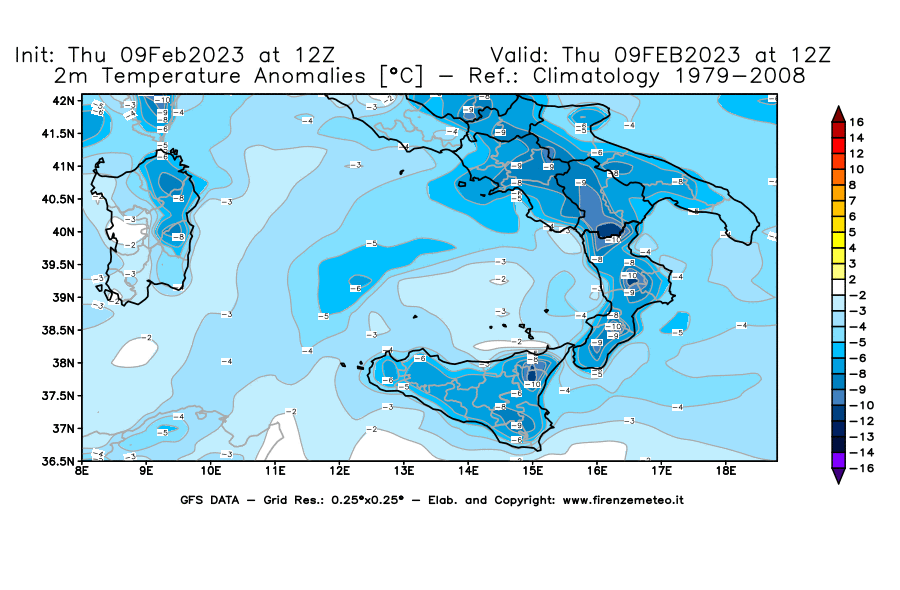 Mappa di analisi GFS - Anomalia Temperatura [°C] a 2 m in Sud-Italia
							del 09/02/2023 12 <!--googleoff: index-->UTC<!--googleon: index-->