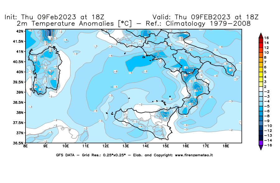 Mappa di analisi GFS - Anomalia Temperatura [°C] a 2 m in Sud-Italia
							del 09/02/2023 18 <!--googleoff: index-->UTC<!--googleon: index-->