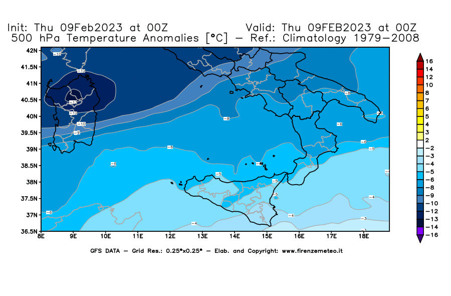 Mappa di analisi GFS - Anomalia Temperatura [°C] a 500 hPa in Sud-Italia
							del 09/02/2023 00 <!--googleoff: index-->UTC<!--googleon: index-->