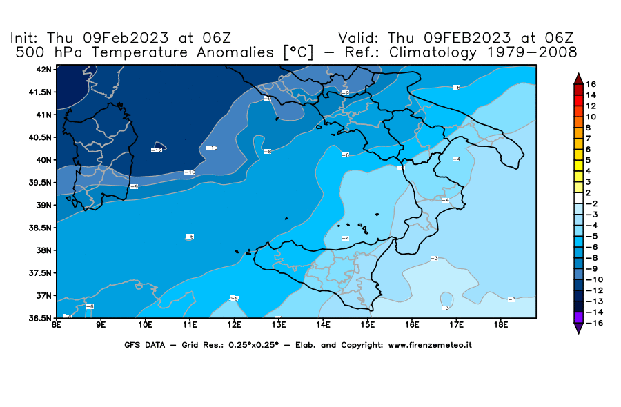 Mappa di analisi GFS - Anomalia Temperatura [°C] a 500 hPa in Sud-Italia
							del 09/02/2023 06 <!--googleoff: index-->UTC<!--googleon: index-->