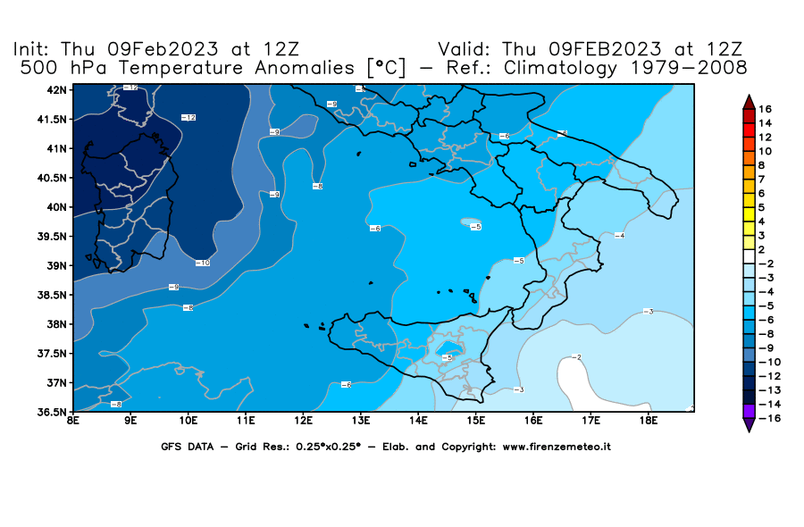Mappa di analisi GFS - Anomalia Temperatura [°C] a 500 hPa in Sud-Italia
							del 09/02/2023 12 <!--googleoff: index-->UTC<!--googleon: index-->