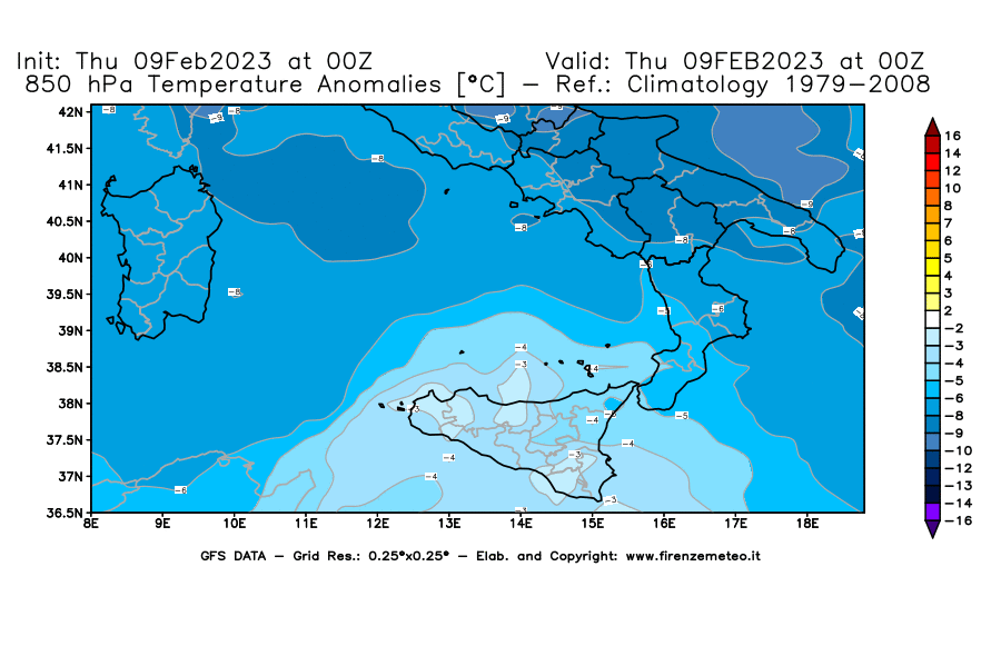 Mappa di analisi GFS - Anomalia Temperatura [°C] a 850 hPa in Sud-Italia
							del 09/02/2023 00 <!--googleoff: index-->UTC<!--googleon: index-->