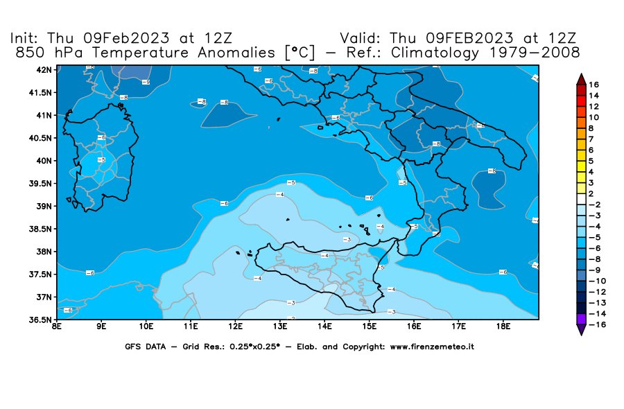 Mappa di analisi GFS - Anomalia Temperatura [°C] a 850 hPa in Sud-Italia
							del 09/02/2023 12 <!--googleoff: index-->UTC<!--googleon: index-->