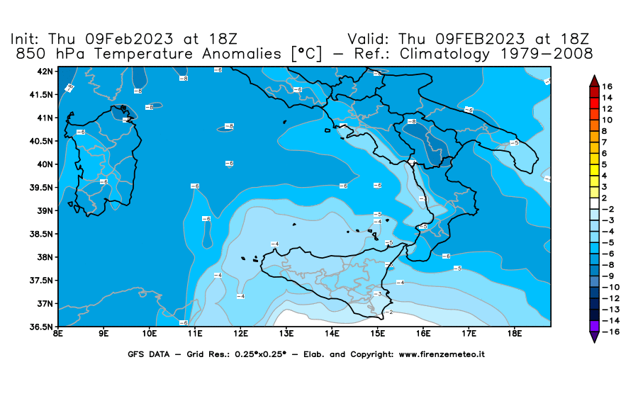 Mappa di analisi GFS - Anomalia Temperatura [°C] a 850 hPa in Sud-Italia
							del 09/02/2023 18 <!--googleoff: index-->UTC<!--googleon: index-->