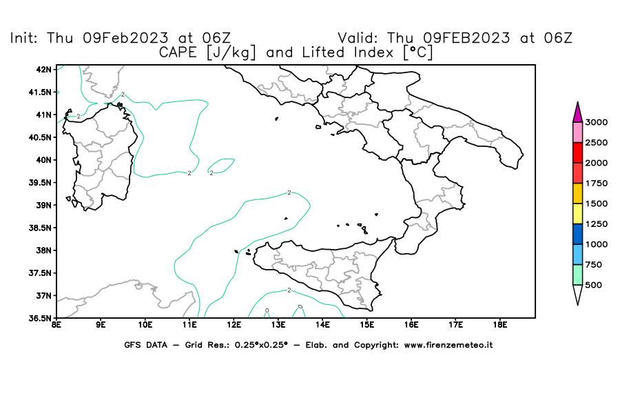 Mappa di analisi GFS - CAPE [J/kg] e Lifted Index [°C] in Sud-Italia
							del 09/02/2023 06 <!--googleoff: index-->UTC<!--googleon: index-->