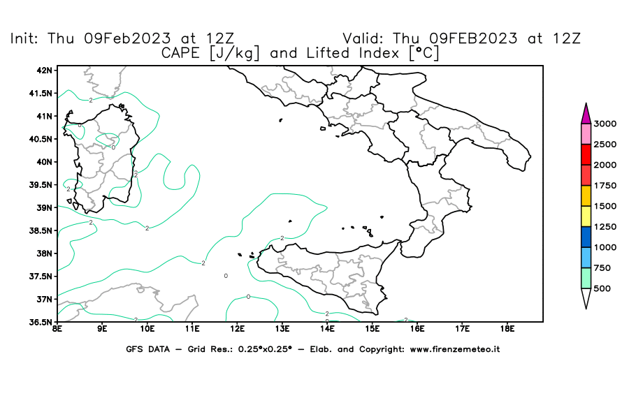 Mappa di analisi GFS - CAPE [J/kg] e Lifted Index [°C] in Sud-Italia
							del 09/02/2023 12 <!--googleoff: index-->UTC<!--googleon: index-->