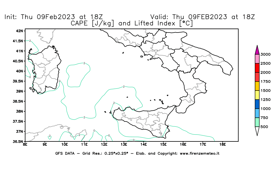 Mappa di analisi GFS - CAPE [J/kg] e Lifted Index [°C] in Sud-Italia
							del 09/02/2023 18 <!--googleoff: index-->UTC<!--googleon: index-->