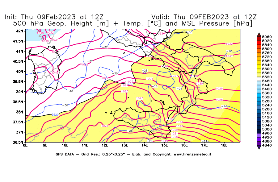 Mappa di analisi GFS - Geopotenziale [m] + Temp. [°C] a 500 hPa + Press. a livello del mare [hPa] in Sud-Italia
							del 09/02/2023 12 <!--googleoff: index-->UTC<!--googleon: index-->