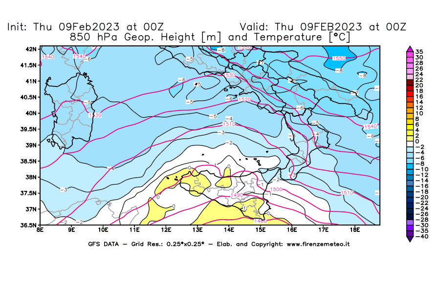 Mappa di analisi GFS - Geopotenziale [m] e Temperatura [°C] a 850 hPa in Sud-Italia
							del 09/02/2023 00 <!--googleoff: index-->UTC<!--googleon: index-->