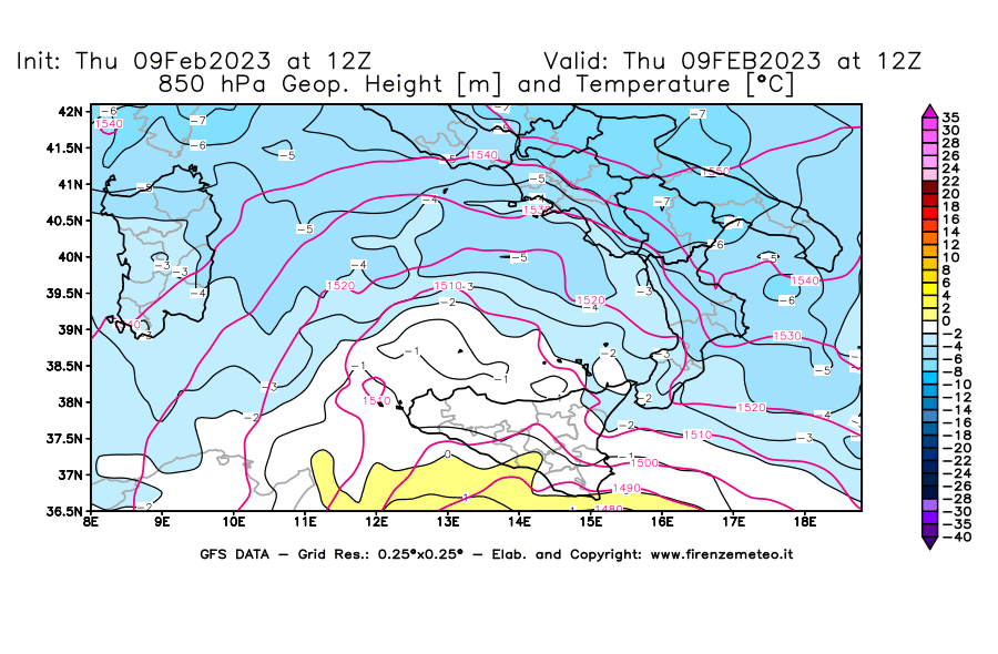 Mappa di analisi GFS - Geopotenziale [m] e Temperatura [°C] a 850 hPa in Sud-Italia
							del 09/02/2023 12 <!--googleoff: index-->UTC<!--googleon: index-->