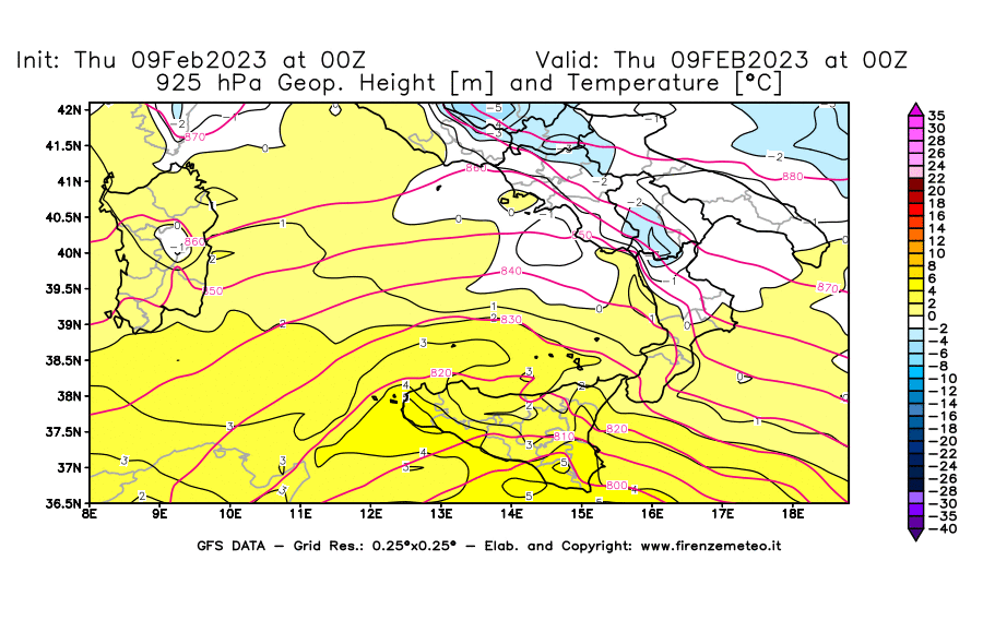 Mappa di analisi GFS - Geopotenziale [m] e Temperatura [°C] a 925 hPa in Sud-Italia
							del 09/02/2023 00 <!--googleoff: index-->UTC<!--googleon: index-->
